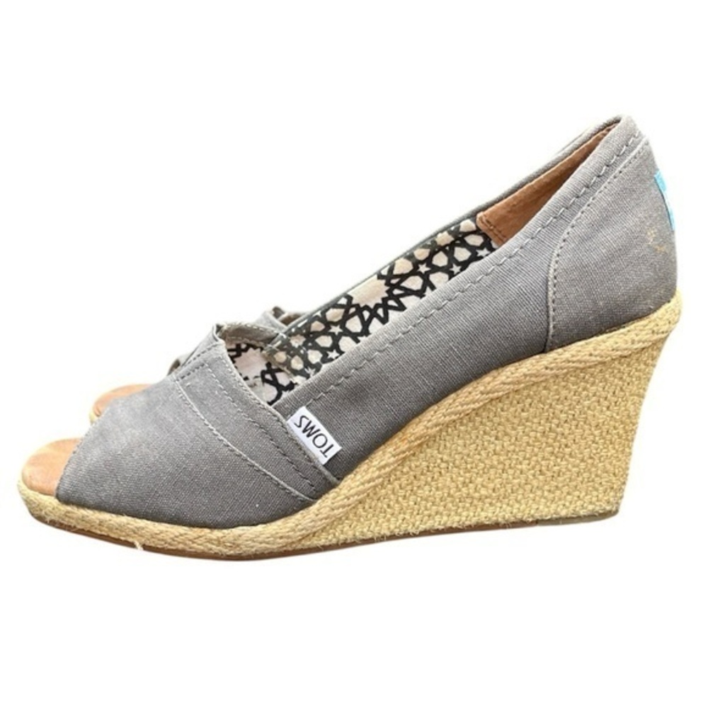 TOMS Calypso Grey Peep Toe Espadrille Wedge Canvas Sandals Heels Shoes Size 9